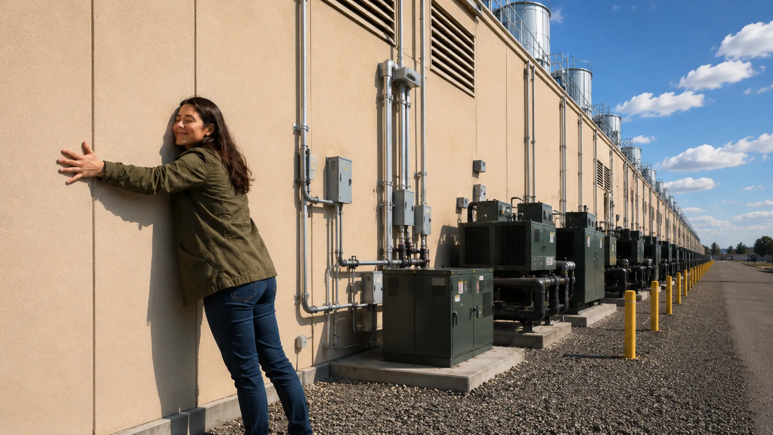 Stacy H. hugging the wall of her adopted AI data center in Virginia